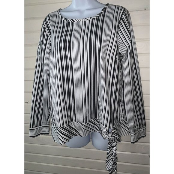 TALBOTS Sz LARGE Poplin Side-Tie Top Parlor Stripe Gray White L/S Tunic EUC - Picture 1 of 9